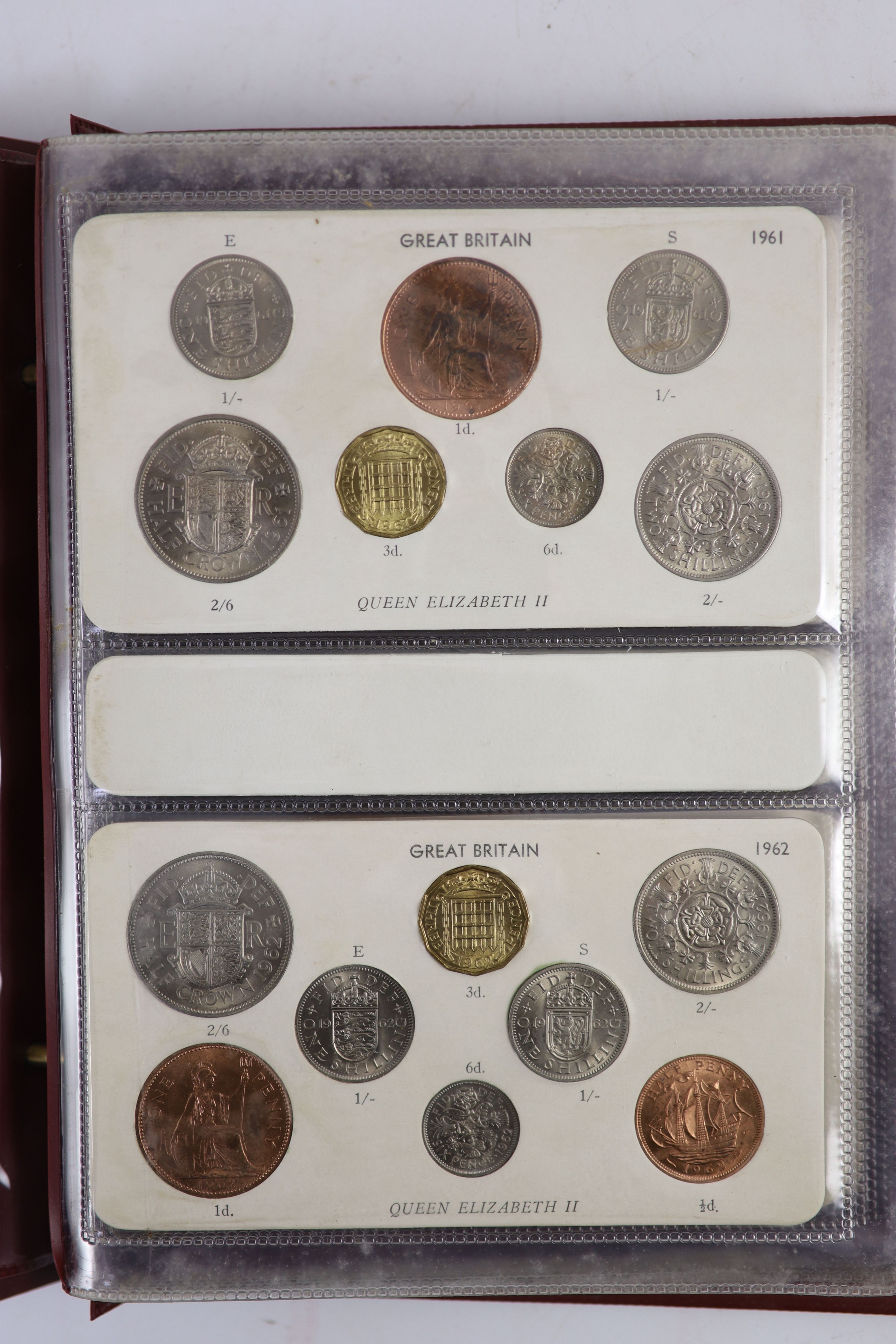 Queen Elizabeth II pre-decimal specimen coin sets for 1953 - 1967, first and second issues, all EF/UNC (15 sets), including 1954, 1957-1959 halfcrowns, florins and shillings, scarce in high grade